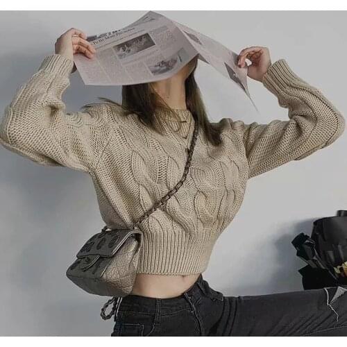 Women’s Casual Long Sleeve Sweaters 2021 Winter Fashion Solid Color Loose Short Style Knitted Twist Tops Ladies Pullovers