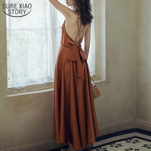 2021 Summer Sundress Women Strap Sexy Beach Dress Strapless Backless V Neck Satin Solid Vintage Party Dress Vestidos 13453