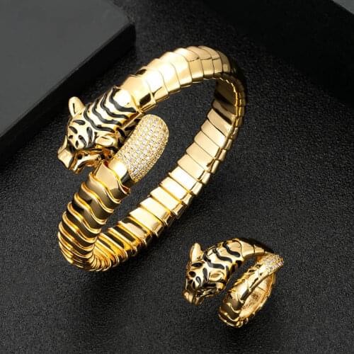 Zlxgirl jewelry Adjustable Gold Leopard animal bangle with ring jewelry sets statement womens punk zircon animal bracelet aneis