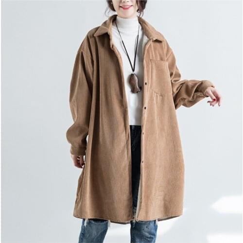 Loose Corduroy Winter Thicken Long Coats Female Long Sleeve Oversize Warm Jacket Single-breasted Turn-down Collar Windbreaker