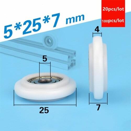 20pcs/100pcs 5*25*7mm 3d printer pulley engraving machine 2020 aluminium rail POM plastic coating 625ZZ guide wheel roller