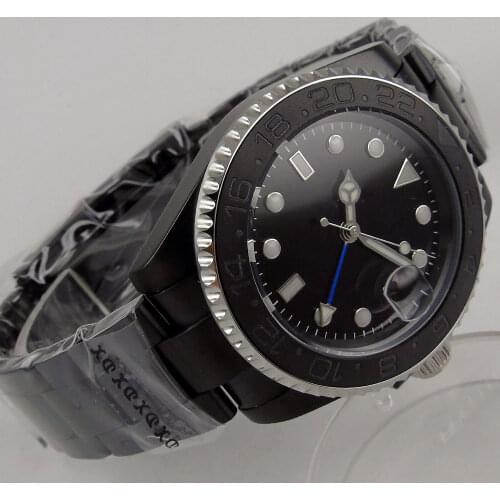 40MM Black Sterile Dial Sapphire Glass PVD Coated Ceramic Bezel Date Glass Case Back GMT Automatic Mens Watch