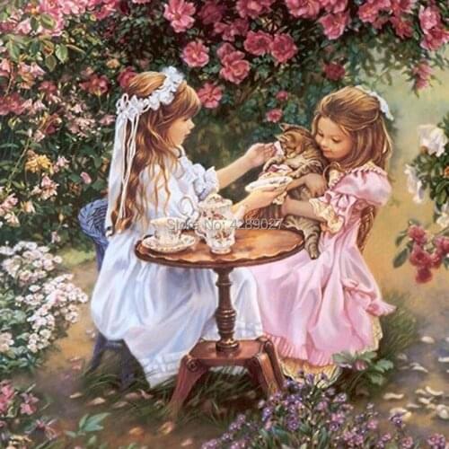 5D DIY Diamond Painting Baby Sisters & Cat Paint By Diamond Kits Needlework Full Square Round Rhinestone Mosaic Wall Sticker