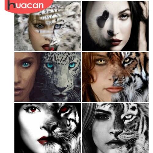 HUACAN Full Drill Diamond Painting Portrait Woman Diamond Embroidery Mosaic Tiger Cross Stitch Home Decoration