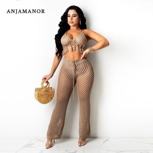 ANJAMANOR Sexy Solid Hollow Out Crochet Knitted Two Piece Set Women Beach Vacation Outfits Bikini Top Pants Suit D48-DG25