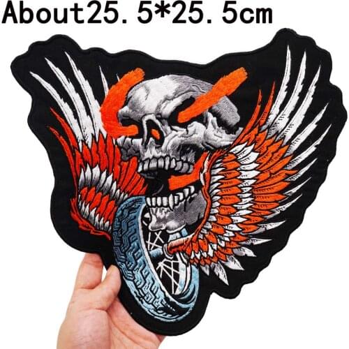 LARGE SKULL WINGS backing Embroidered Sewing Label punk biker Patches Clothes Stickers Apparel Accessories Badge