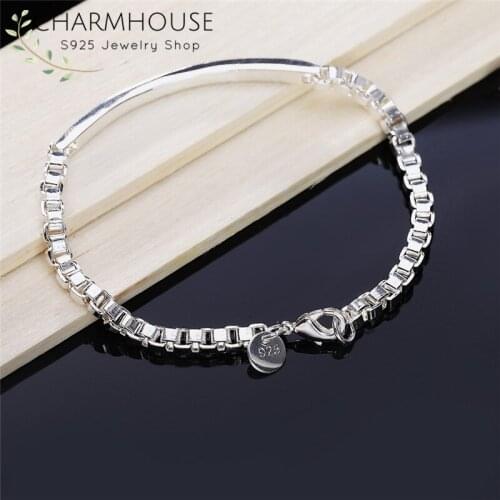 Charmhouse 925 Silver Bracelet For Men 4mm ID Box Chain Bracelet Bangles Wristband Pulseira Fashion Jewelry Accessories Bijoux