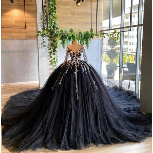 Black Ball Gown Quinceanera Dresses Sexy Off Shoulder Long Sleeve Lace Appliques Prom Dress Illusion Tulle vestidos de quinceañe