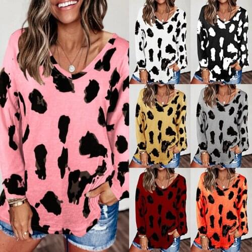 Summer Womens Loose Long-sleeved Polka-dot Printed T-shirt Top Polyester Casual Loose V-neck Short-sleeved Plus Size Streetwear