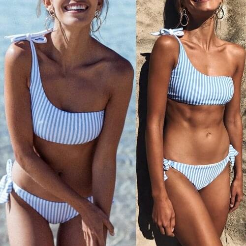 Hirigin Women Swimwear Striped Women Bikinis Set One Shoulder Bandage Pushed Up Paded Bikinis Swimsuits Real Photo