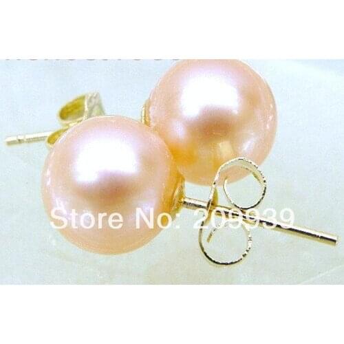 Hj 00231 Genuine 10.2mm perfect round AAA+++ pink south sea pearl earring14K yellow gold