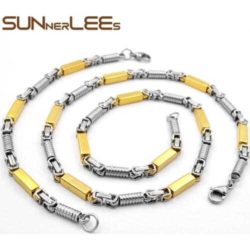 SUNNERLEES Jewelry Stainless Steel Necklace Bracelet Set 5mm Geometric Link Chain Silver Color Gold Plated Men Women SC106 S