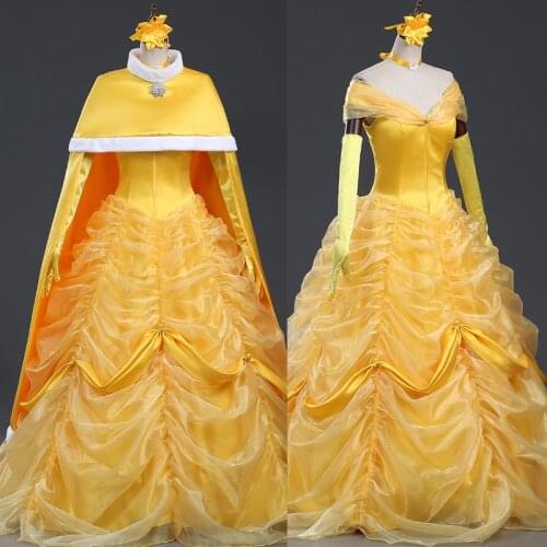 Movie Girl And Beast Belle Party Gown Fancy Halloween Carnival Cosplay Costume Adult Women Princess Dress With Cape