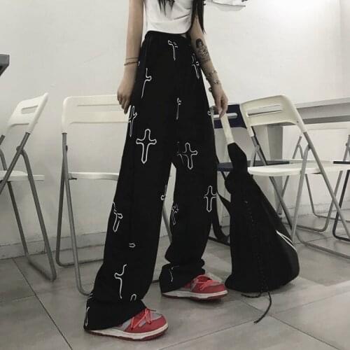 Trendy pants womens summer ins dark printing straight wide-leg pants loose high-waisted thin all-match casual trousers