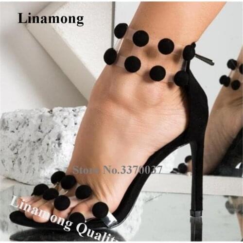 Linamong Newest Black Suede Pacthwork PVC Stiletto Heel Gladiatr Sandals Round Buckles Transparent High Heel Sandals Dress Shoe