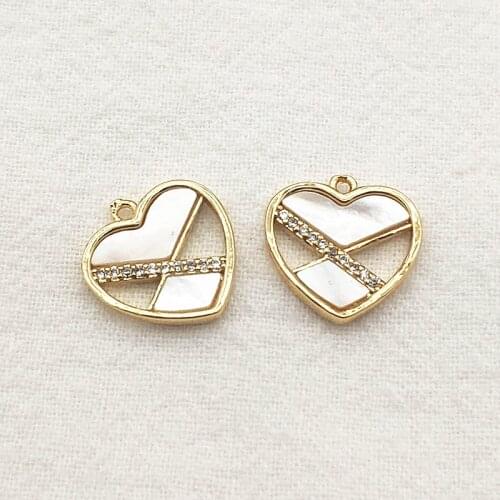 New Arrival! 14mm 20pcs 18kgp gold color Cubic Zirconia Real shell Heart Charm for Necklace Earring DIY Parts Jewelry Findings