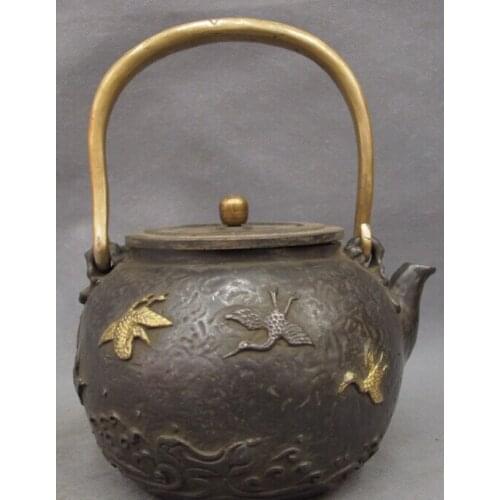 Song voge gem S2793 Folk Chinese Bronze FengShui Fly Bird Crane Statue Handle Wine Pot Teapot Flagon