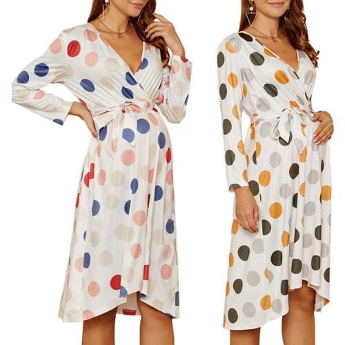 Pregnant Womens Breastfeeding Maternity Dresses V-Neck Polka Dots Full Print Pregnancy Knee Length Long Sleeve Nursing Clothing