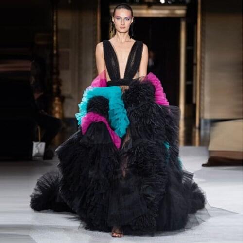Chic Colored Tulle Formal Party Dresses Mix Color Puffy Mesh Tulle Black Bridal Ball Gowns Sexy Deep V-neck Prom Dresses
