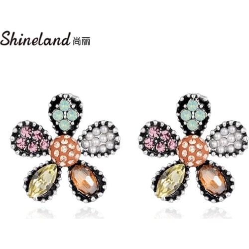 Shineland Bohemain Flower Colorful CZ Zircon Simulated Pearl Stud Earrings pendientes oorbellen boucle d'oreille Ethnic Women
