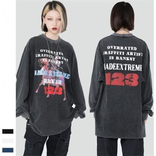 Street Hipster Autumn and Winter Long Sleeved T-shirt O-Neck Couple Hoodie Fashion Print Washed Pullover Sweatshirt 100% Cotton