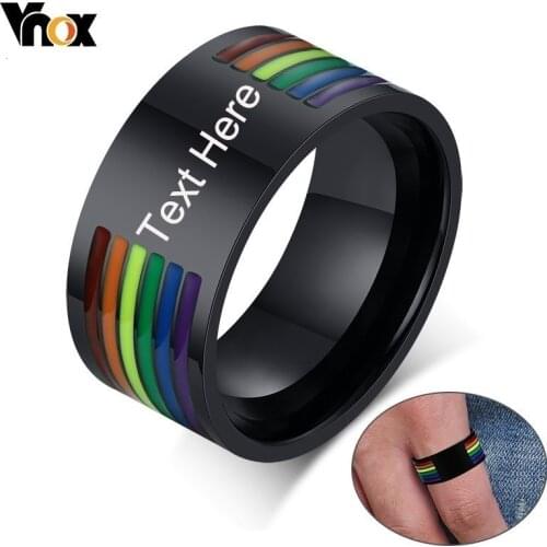 Vnox Custom Engraving 10mm Stainless Steel Enamel Rainbow Lines LGBT Pride Rings for Lesbian & Gay Wedding Bands Jewelry