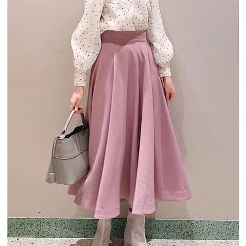 Elegant Solid Pleated Umbrella Skirt Sweet High Waist Design Faldas Mujer 2021 Spring Summer New All Match Femme Jupe