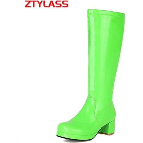 2021 Fluorescent Green Patent Leather Women Knee High Boots Fashion Zipper Low Heel Long Boots Ladies Autumn Winter Shoes