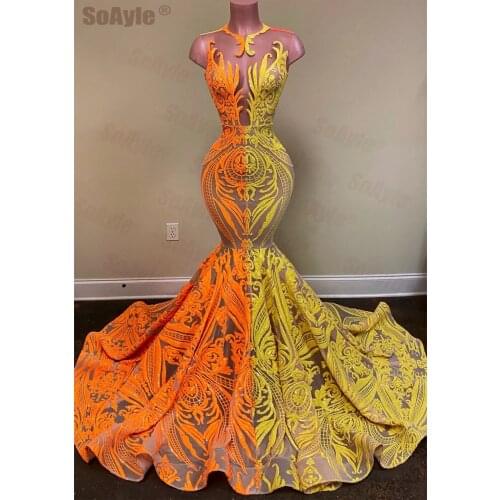SoAyle Long Nigeria Prom Dresses 2020 Sexy Sleeveless Sheer V-Neck Mermaid Sequin Yellow Organza African Women Prom Dress