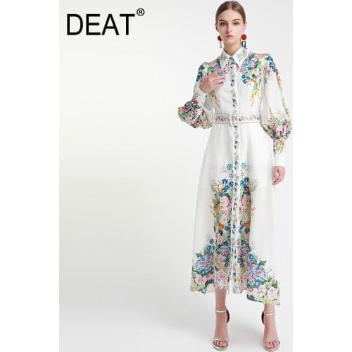 DEAT Woman Shirt Dress Lantern Long Sleeve Multicolor Floral Pattern With Sashes Elegant Bohemian Style 2021 New Autumn 15XF014