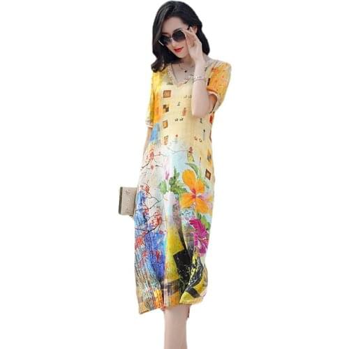 TML211513-B New 2021 Womens Spring Clothing Lotus Printed Summer Elegant Loose V-neck 100% Silk Dress for Women
