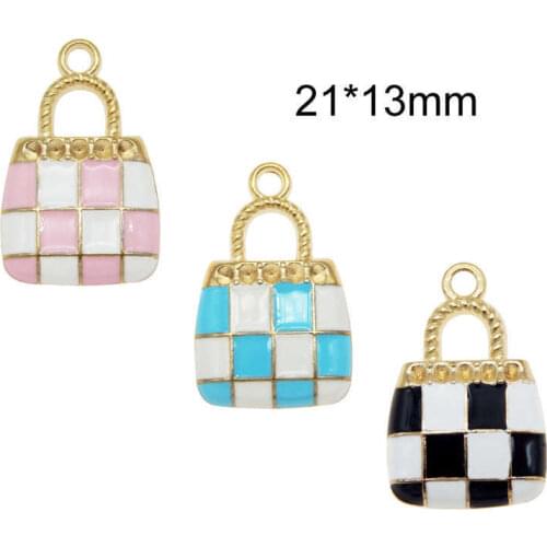 Julie Wang 10PCS Enamel Handbag Charms Alloy Gold Tone Women Plaid Bag Charm Necklace Pendant Findings Jewelry Making Accessory