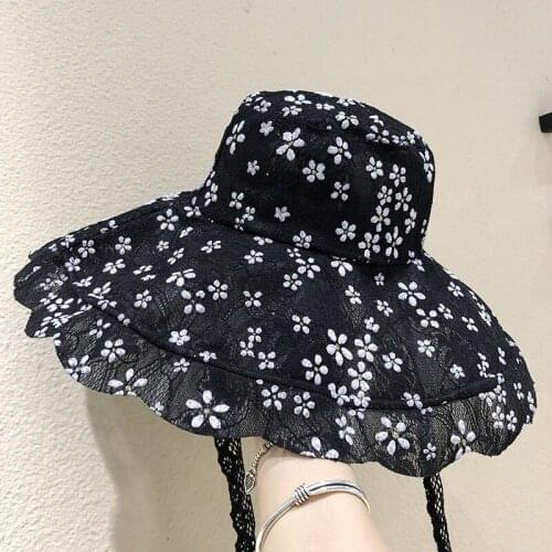 2021 New Spring and Summer Big Eaves Lace Flower Retro Bandage Outing Sunscreen Sunshade Ladies Bucket Hat Female Fisherman Hat
