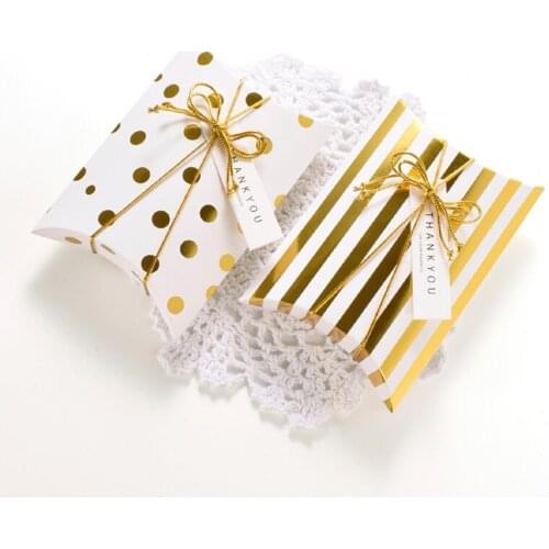 50 pieces/lot) Christmas Decoration Pillow Candy Box Gold Dot Stripe Wedding Birthday Party Thank You Merci DIY Gift Box B009