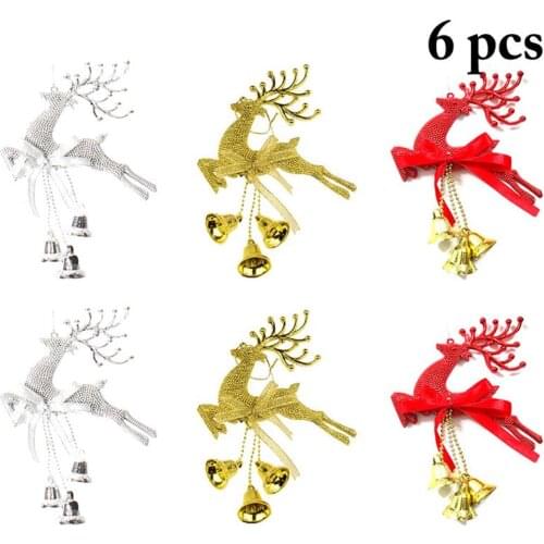 6PCS Christmas Hanging Ornament Elk Bell Ribbon Decor Christmas Tree Ornament