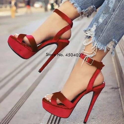 Red Blue Black Stiletto Heel Sandals Platform Buckle Strap Pumps Summer Open Toe Shoes Ladies Woman