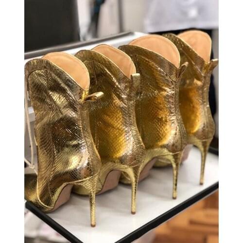 Gold Women Winter Shoes Patent Leather Motorcycle Boots Ladies Ankle Boots Faux Fur Spring Autumn High Heels Boots Woman