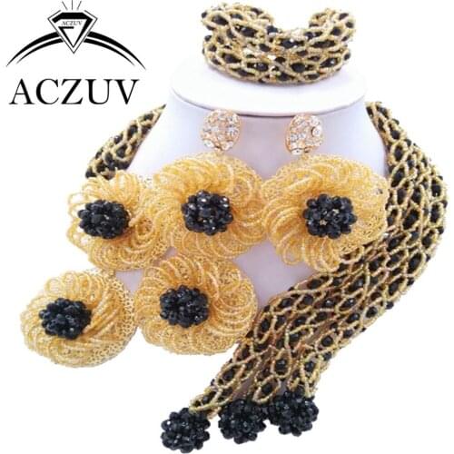 Brand ACZUV African Jewellery Designs Black Gold Crystal Beads Jewelry Sets Nigerian Wedding Necklace AN052
