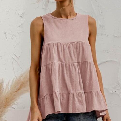 Women Vest Tank Tops Camisole Round Neck T-Shirts Sleeveless Ruffle Stitching Loose Hem Tops
