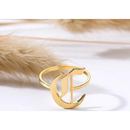 HUHUI Custom Old English Letter Ring Personalized Initial Letter Stainless Steel Open Adjustable Jewelry For Women Birthday Gift