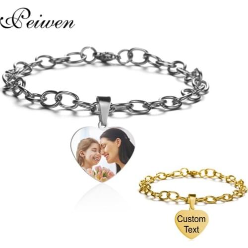 Customized Heart Bracelets Engrave Name Date Custom Photo Stainless Steel Adjustable Bangles For Women Men ID Tag Memory Gift