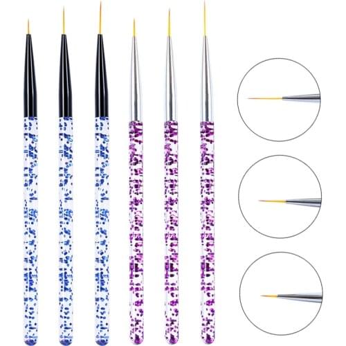 3Pcs Blue/Purple Sequins Handle Nail Art Liner Brushes 7/12/15mm Drawing Painting Lines Grid Stripe DIY Manicure UV Gel Pen Set
