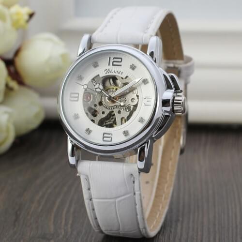 T-WINNER Fashionelegant ladies wrist watch simple style with diamonds leather strap automatic mechanical watch