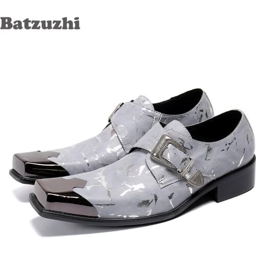 Batzuzhi Personality Mens Leather Dress Shoes Square Toe Metal Cap Genuine Leather Shoes Men Chaussures Hommes, Sizes EU38-46