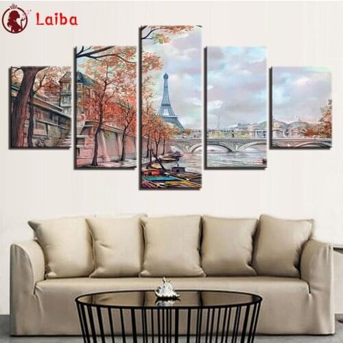 Full Square round drill Diamond painting Abstract art, Paris tower river bank landscape Diamond embroidery Cross stitch 5pcs
