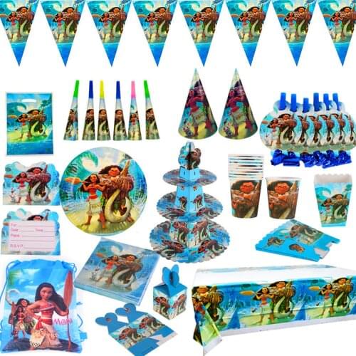 Moana Theme Cartoon Party Tableware Set Cup Straw Plate Napkins Candy Box Banner Flags Kids Birthday Party Decorations Supplies
