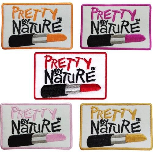 Pretty by nature lipstick brand clothing patches for clothing embroidery badge iron on patch colour can be custom