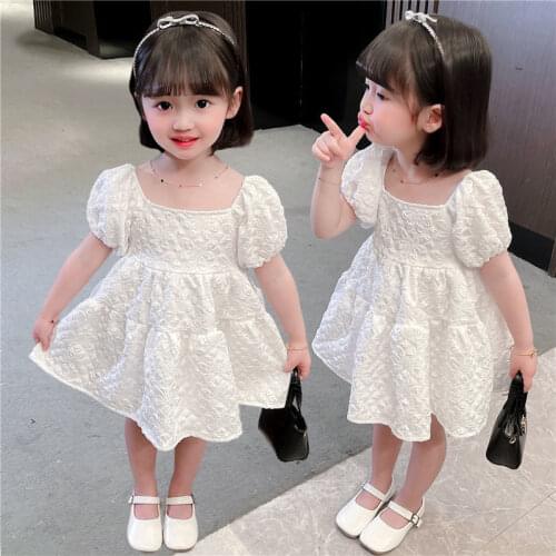Girls Princess Dress 2021 Summer New Small Fresh Sweet Lovely Childrens Bubble Sleeve Temperament Square Collar Dress