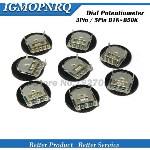 10pcs 3Pin / 5Pin 16*2mm Double Gear Tuning Dial Potentiometer B102 B103 B203 B503 B10K B20K B50K Dial Potentiometer new
