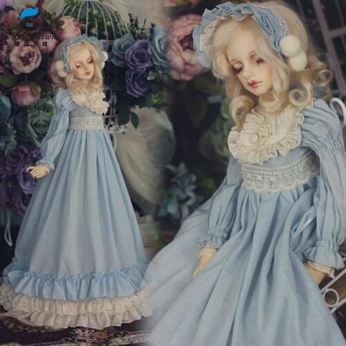 Accept Custom Retro Pastoral Europeans Full Dress Long Skirt 1/3 1/4 BJD IP DD SD MSD Doll Clothes Water Blue